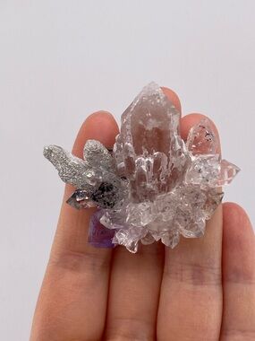 Pink Calcite Ring with Amethyst & Herkimer Diamonds | Raw Crystal Cluster